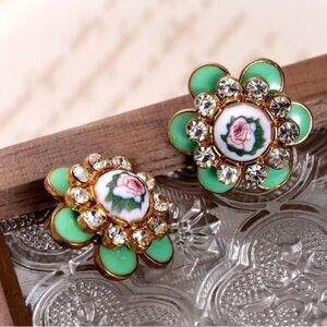 Betsey Johnson Green and Gold Floral Earrings